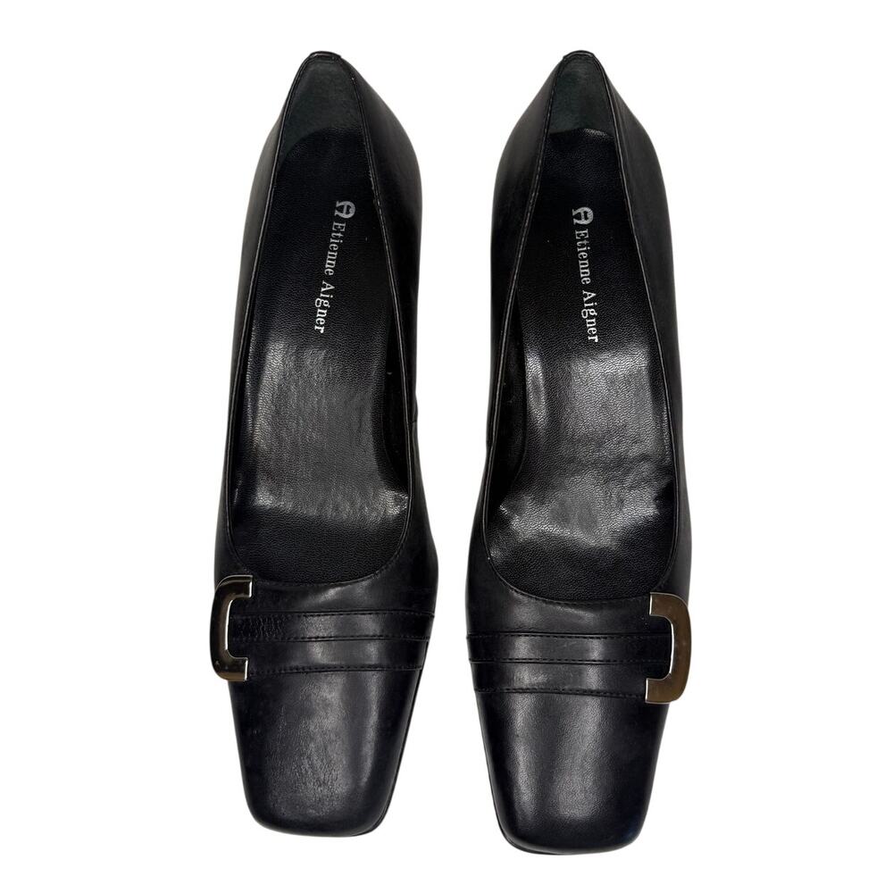 Etienne Aigner Black Leather Block Heel Pumps 8.5